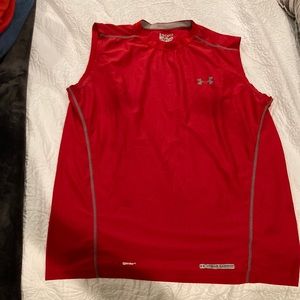 👕mens size large red Under Armour heat gear technical sleeveless shirt
